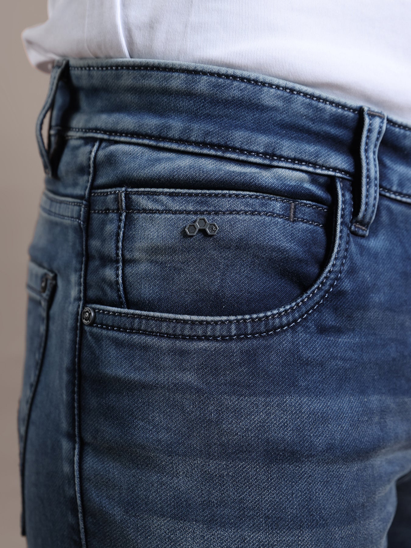 Cotton Stretch Blue Plain Narrow Fit Flat Front Casual Jeans