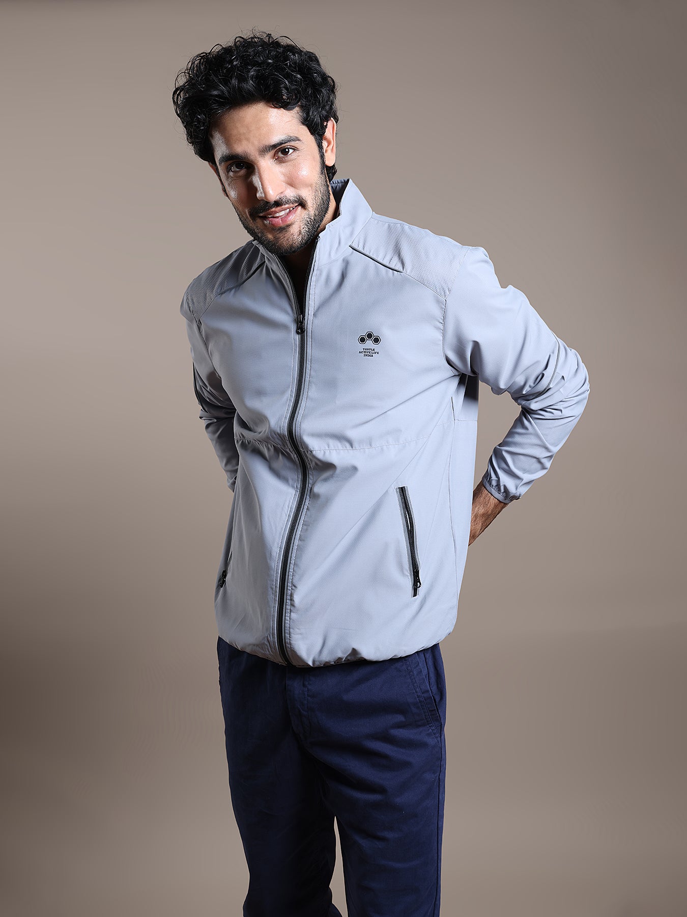 Polyester Light Grey Printed Regular Fit Full Sleeve Casual Windcheater