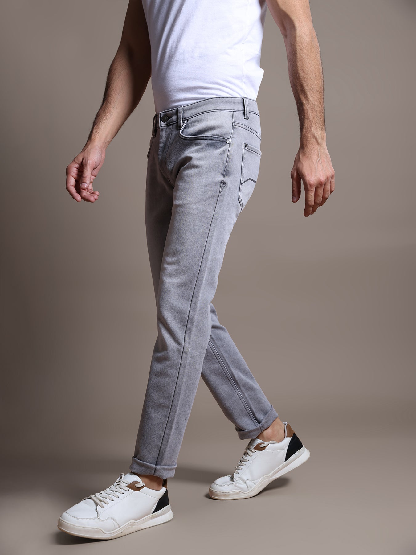 Cotton Stretch Grey Melange Plain Narrow Fit Flat Front Casual Jeans