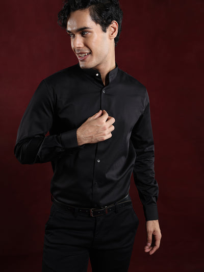 Cotton Stretch Black Plain Slim Fit Full Sleeve Ceremonial Shirt