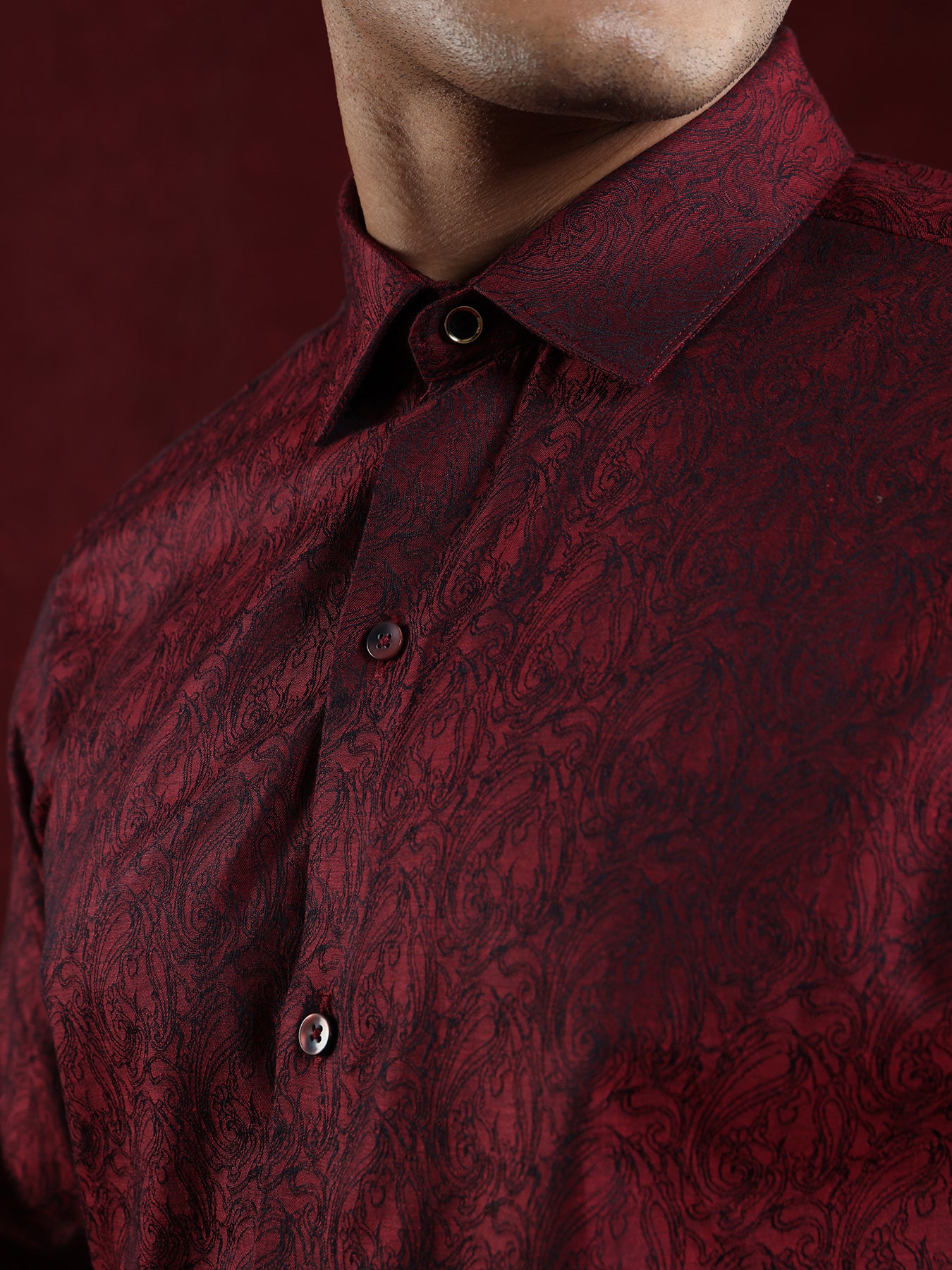 100% Cotton Maroon Jacquard Slim Fit Full Sleeve Ceremonial Shirt