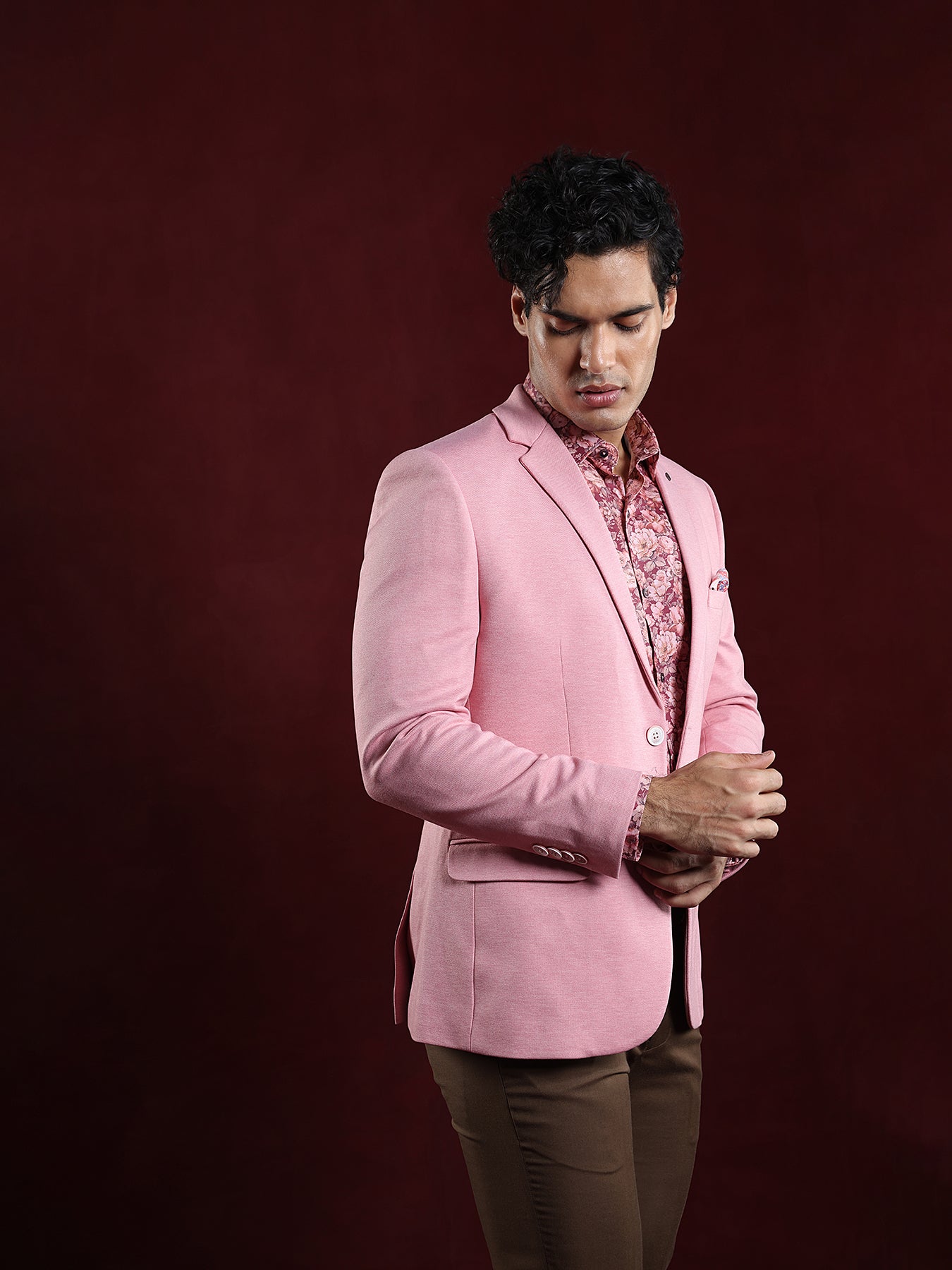 Poly Viscose Pink Plain Slim Fit Full Sleeve Casual Blazer