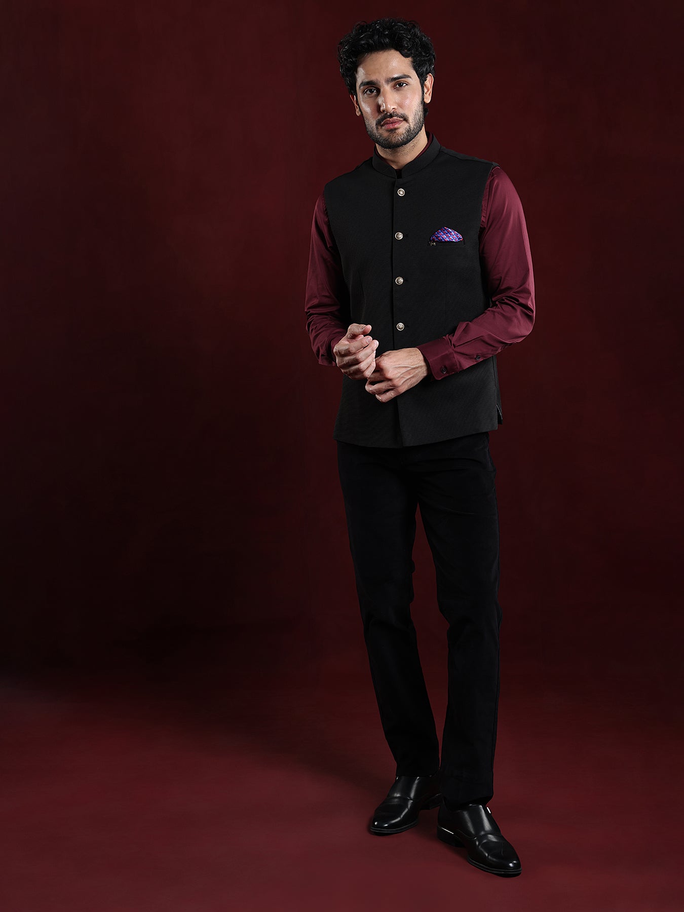 Knitted Terry Rayon Black Dobby Slim Fit Sleeve Less Ceremonial Nehru Jacket