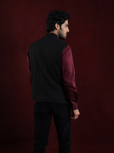 Knitted Terry Rayon Black Dobby Slim Fit Sleeve Less Ceremonial Nehru Jacket