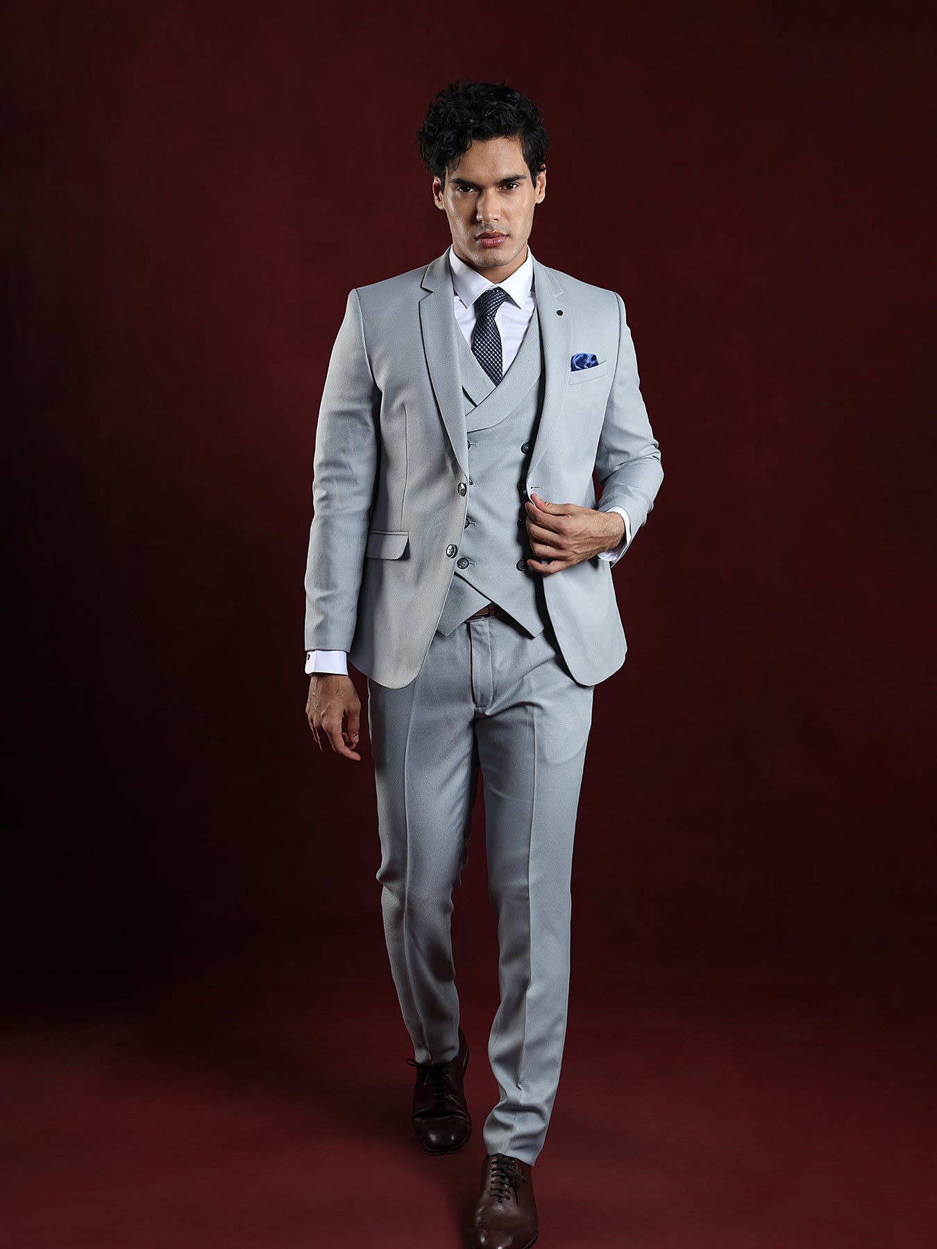 Terry Rayon Grey Dobby 3 Pieces Full Sleeve Ceremonial Suit