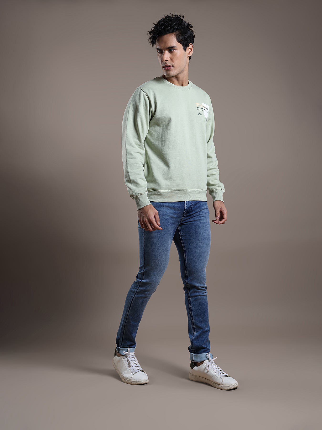 Knitted Light Green Printed Regular Fit Full Sleeve Casual Sweatshirt