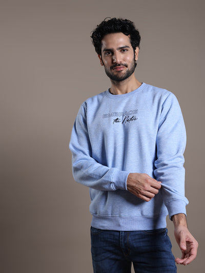 Knitted Sky Blue Printed Regular Fit Full Sleeve Casual Sweatshirt