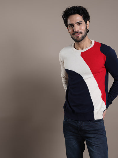 Knitted Navy Blue Printed Regular Fit Full Sleeve Casual Pullover