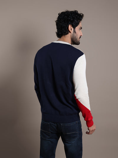 Knitted Navy Blue Printed Regular Fit Full Sleeve Casual Pullover