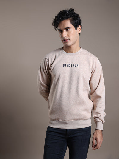 Knitted Beige Printed Regular Fit Full Sleeve Casual Sweatshirt
