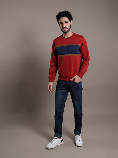 Knitted Red Self Design Regular Fit Full Sleeve Casual Sweatshirt
