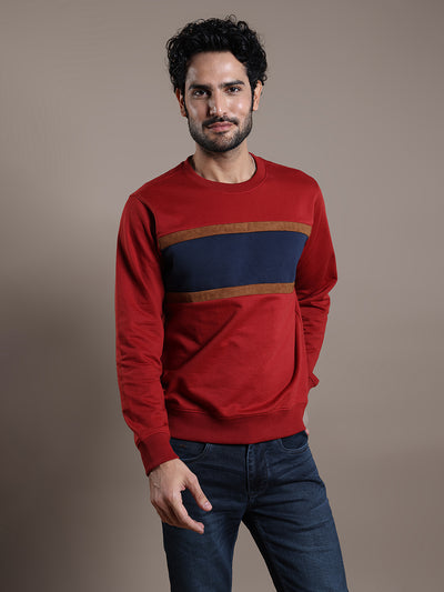 Knitted Red Self Design Regular Fit Full Sleeve Casual Sweatshirt