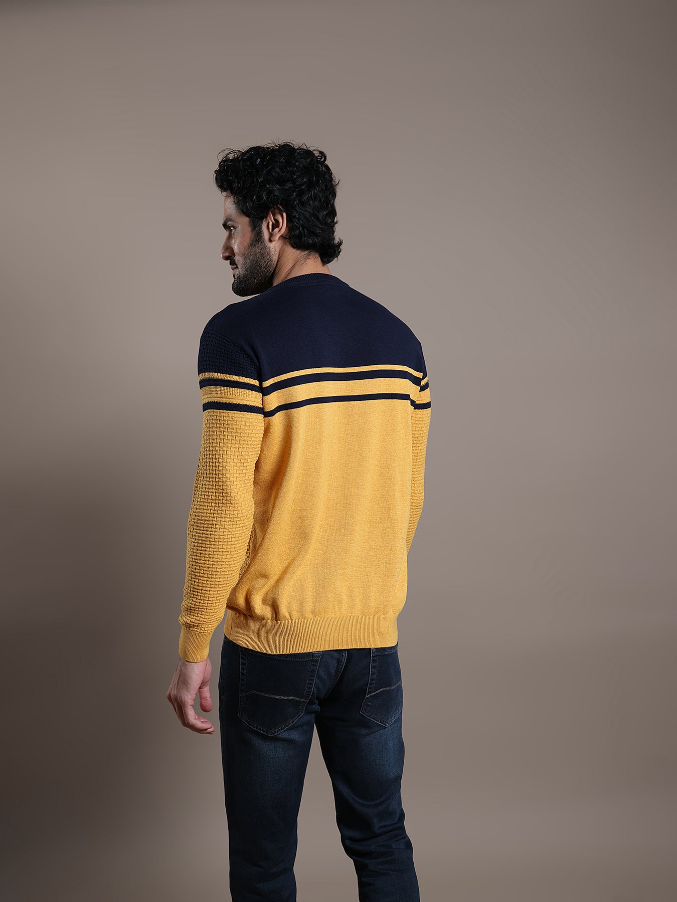Knitted Mustard Yellow Striped Regular Fit Full Sleeve Casual Pullover