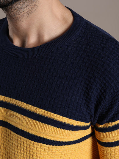 Knitted Mustard Yellow Striped Regular Fit Full Sleeve Casual Pullover