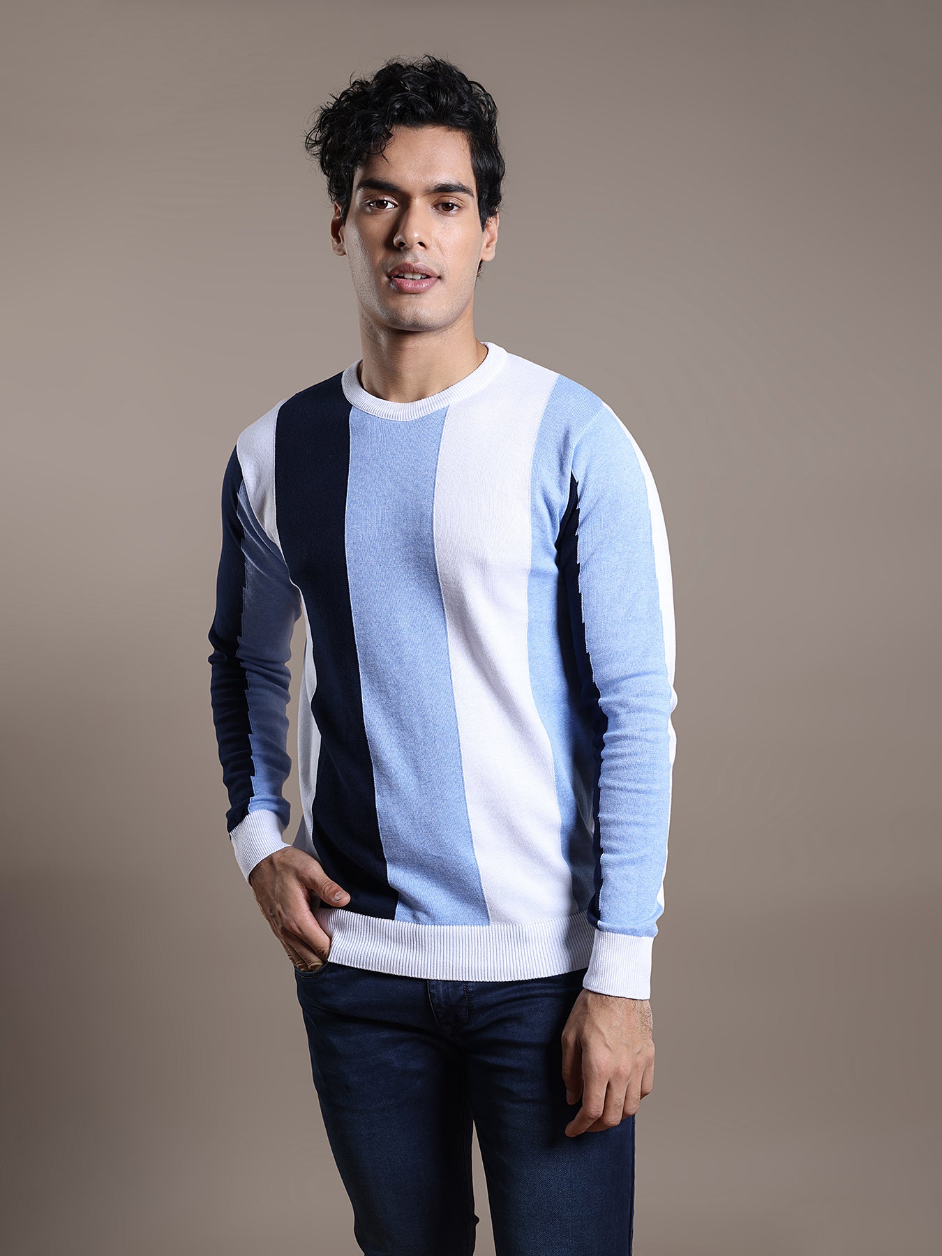 Knitted Blue Striped Regular Fit Full Sleeve Casual Pullover