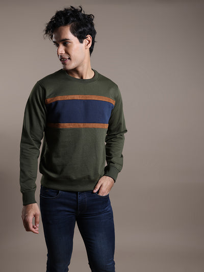 Knitted Olive Self Design Regular Fit Full Sleeve Casual Sweatshirt