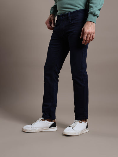 Cotton Stretch Navy Blue Narrow Flat Front Casual Mens Plain Jeans