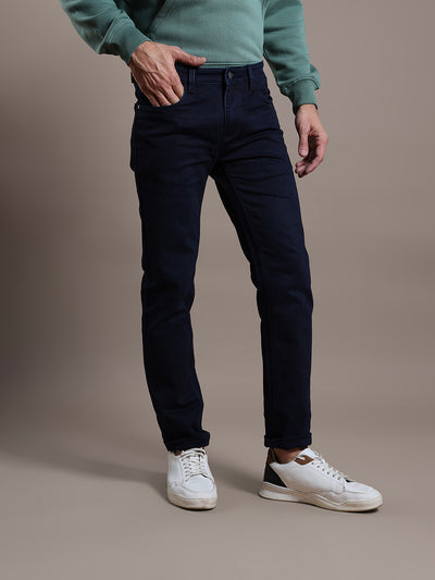 Cotton Stretch Navy Blue Narrow Flat Front Casual Mens Plain Jeans