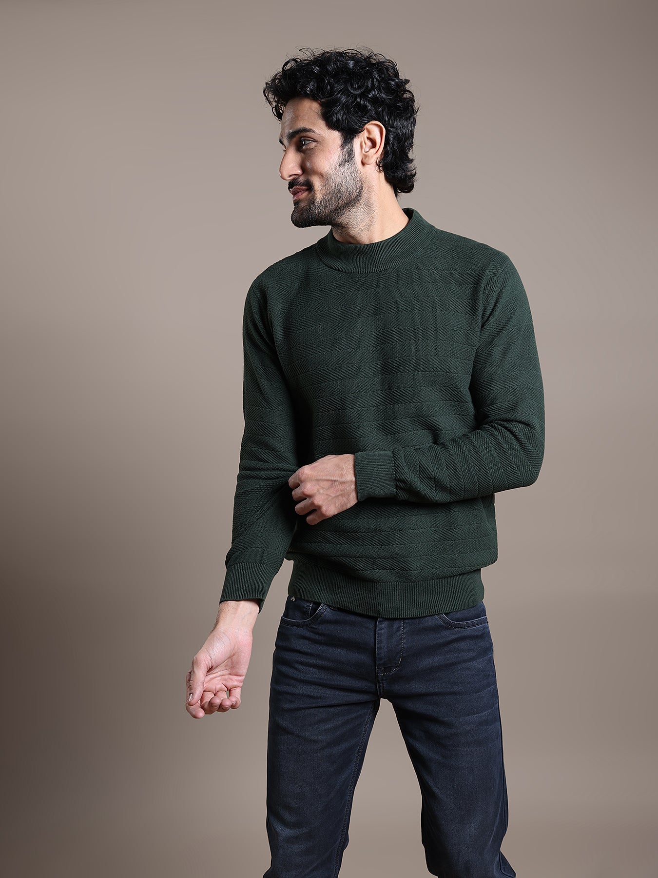 Knitted Dark Green Plain Regular Fit Full Sleeve Casual Pullover