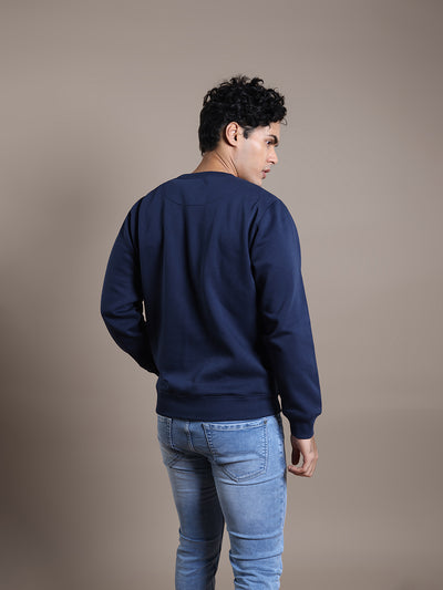 Knitted Navy Blue Printed Regular Fit Full Sleeve Casual Sweatshirt