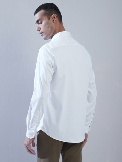 Cotton Stretch White Plain Slim Fit Full Sleeve Casual Shirt