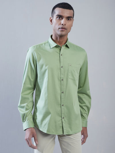 Cotton Stretch Green Plain Slim Fit Full Sleeve Casual Shirt