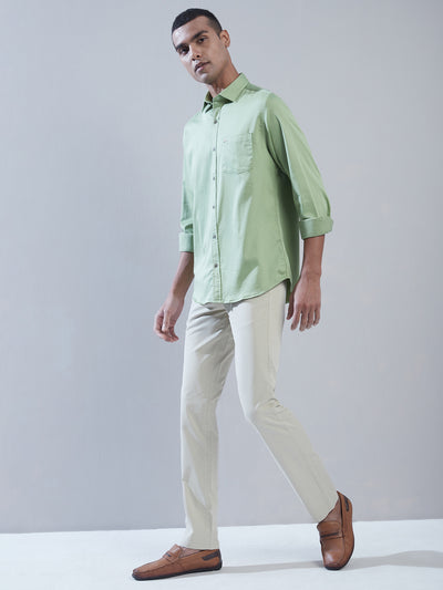 Cotton Stretch Green Plain Slim Fit Full Sleeve Casual Shirt