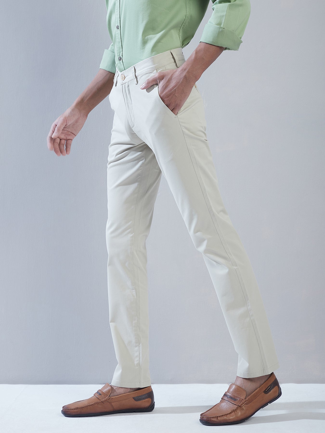 Cotton Stretch Pista Green Plain Ultra Slim Fit Flat Front Casual Trouser