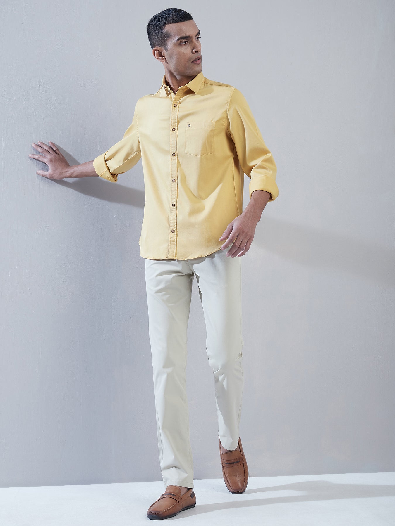 Cotton Stretch Mustard Plain Slim Fit Full Sleeve Casual Shirt