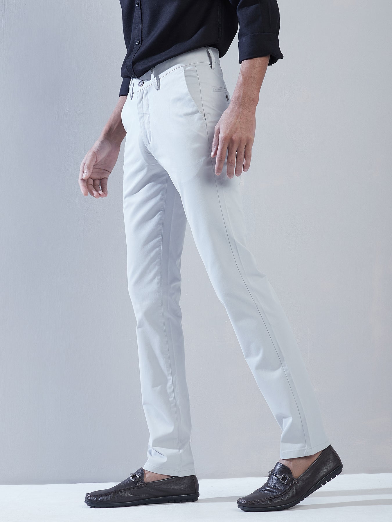 Cotton Stretch Off White Plain Ultra Slim Fit Flat Front Casual Trouser