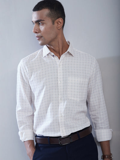 Cotton Tencel Beige Printed Slim Fit Full Sleeve Formal Shirt