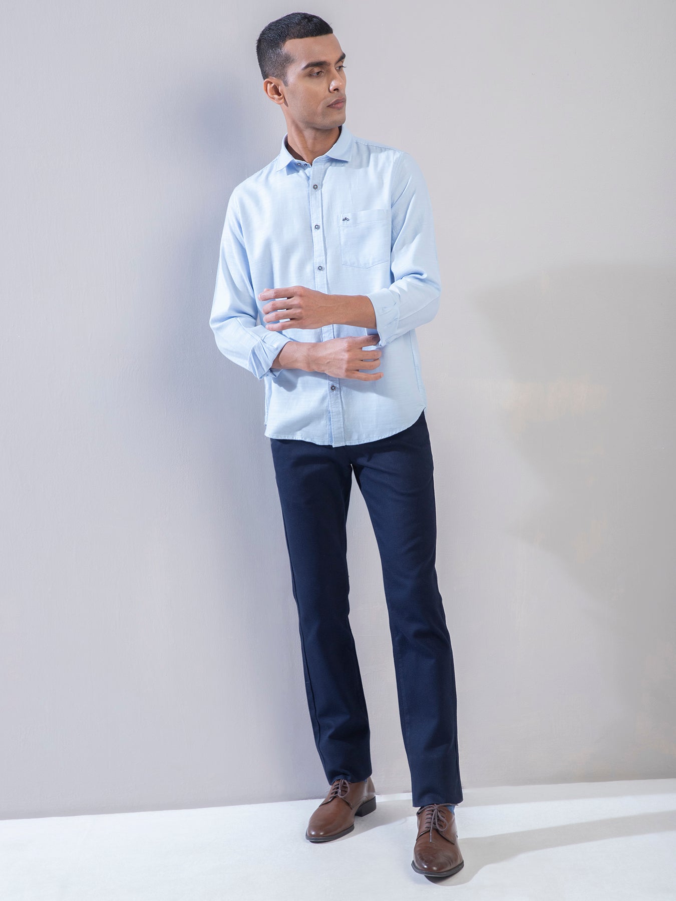 100% Cotton Light Blue Plain Slim Fit Full Sleeve Casual Shirt