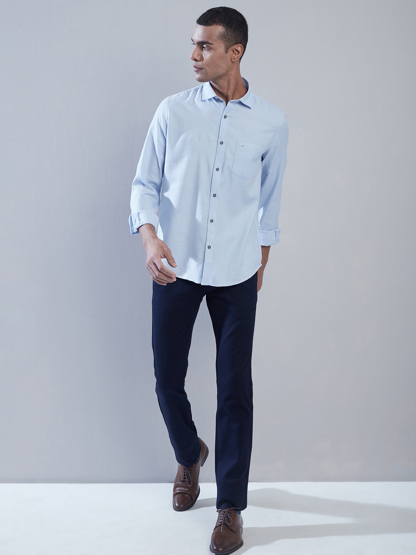 100% Cotton Light Blue Plain Slim Fit Full Sleeve Casual Shirt