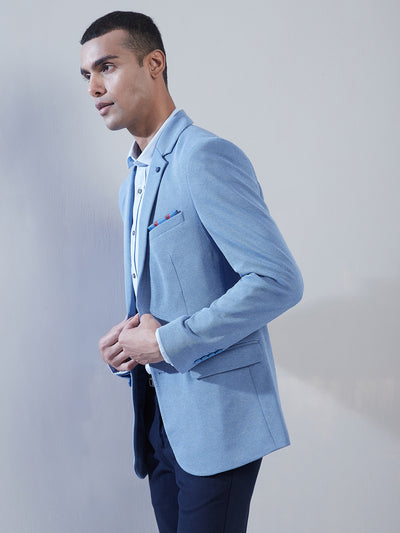Knitted Sky Blue Dobby Slim Fit Full Sleeve Casual Blazer