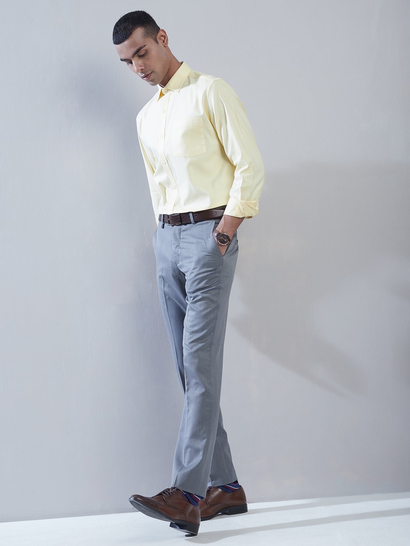 100% Cotton Lemon Yellow Dobby Slim Fit Full Sleeve Formal Shirt