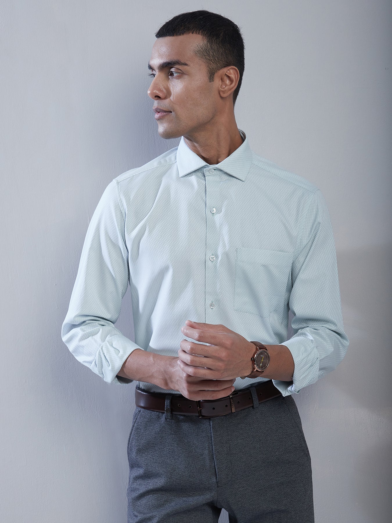 100% Cotton Sky Blue Dobby Slim Fit Full Sleeve Formal Shirt