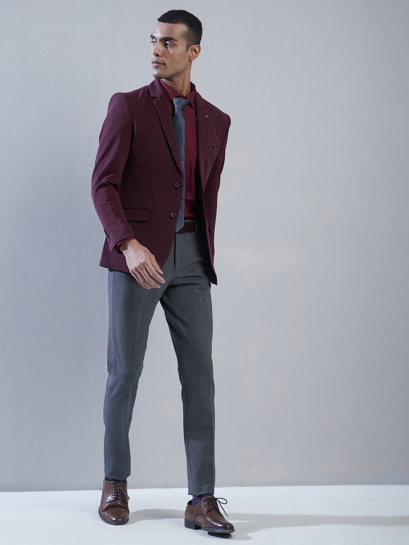 Knitted Maroon Dobby Slim Fit Full Sleeve Ceremonial Blazer
