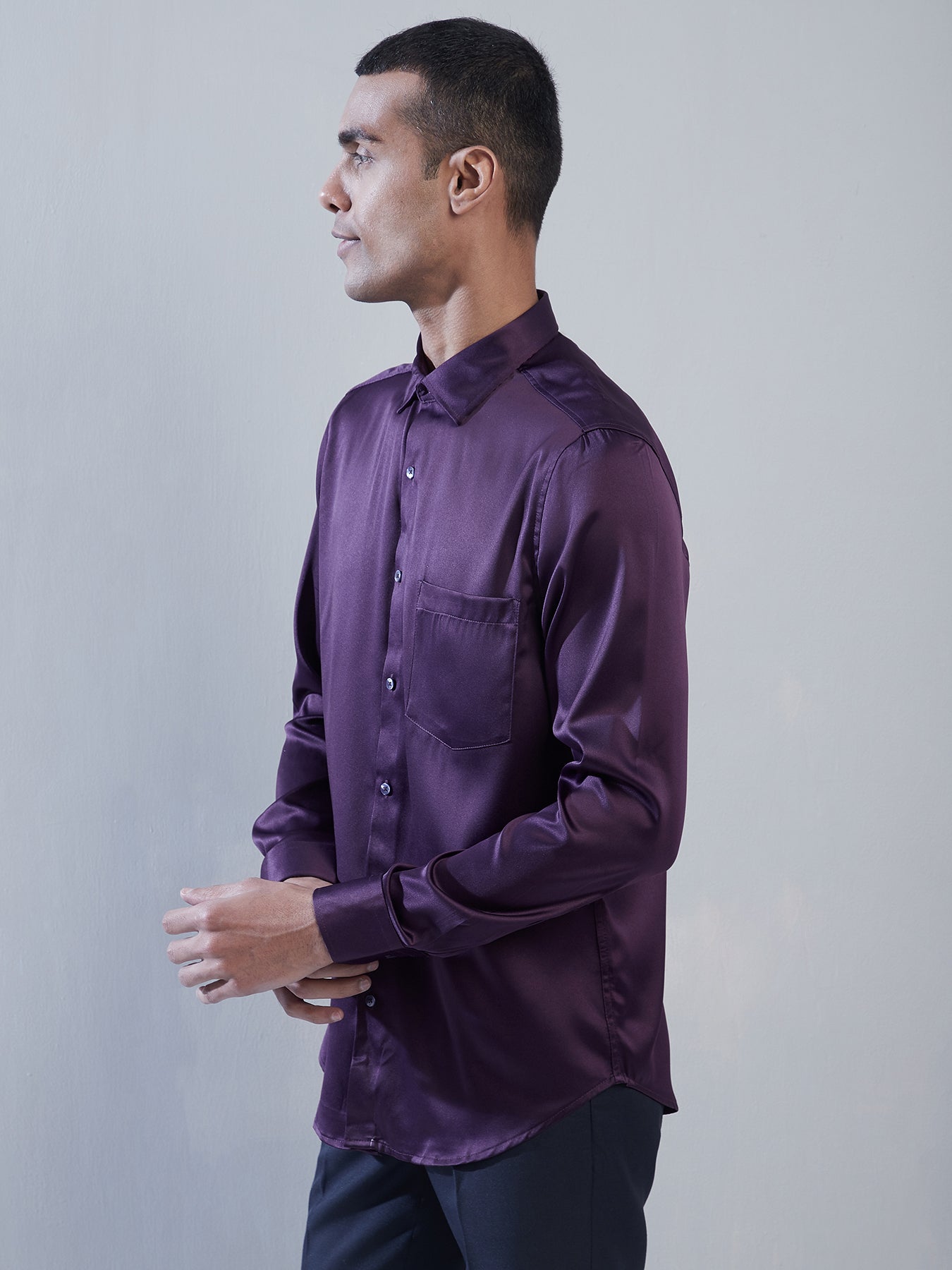 Poly Satin Purple Plain Slim Fit Full Sleeve Ceremonial Shirt