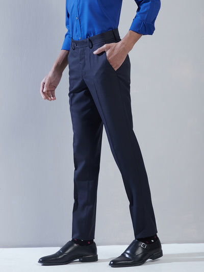 Poly Viscose Navy Blue Plain Ultra Slim Fit Flat Front Formal Trouser