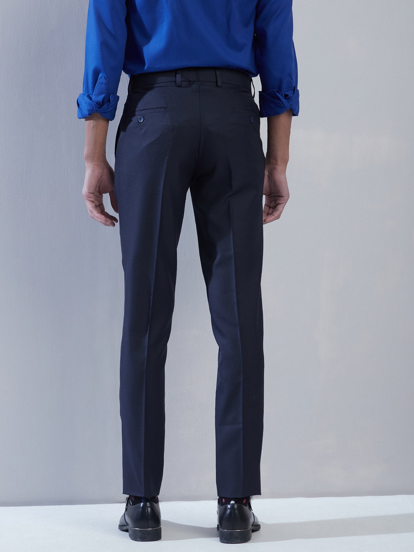 Poly Viscose Navy Blue Plain Ultra Slim Fit Flat Front Formal Trouser