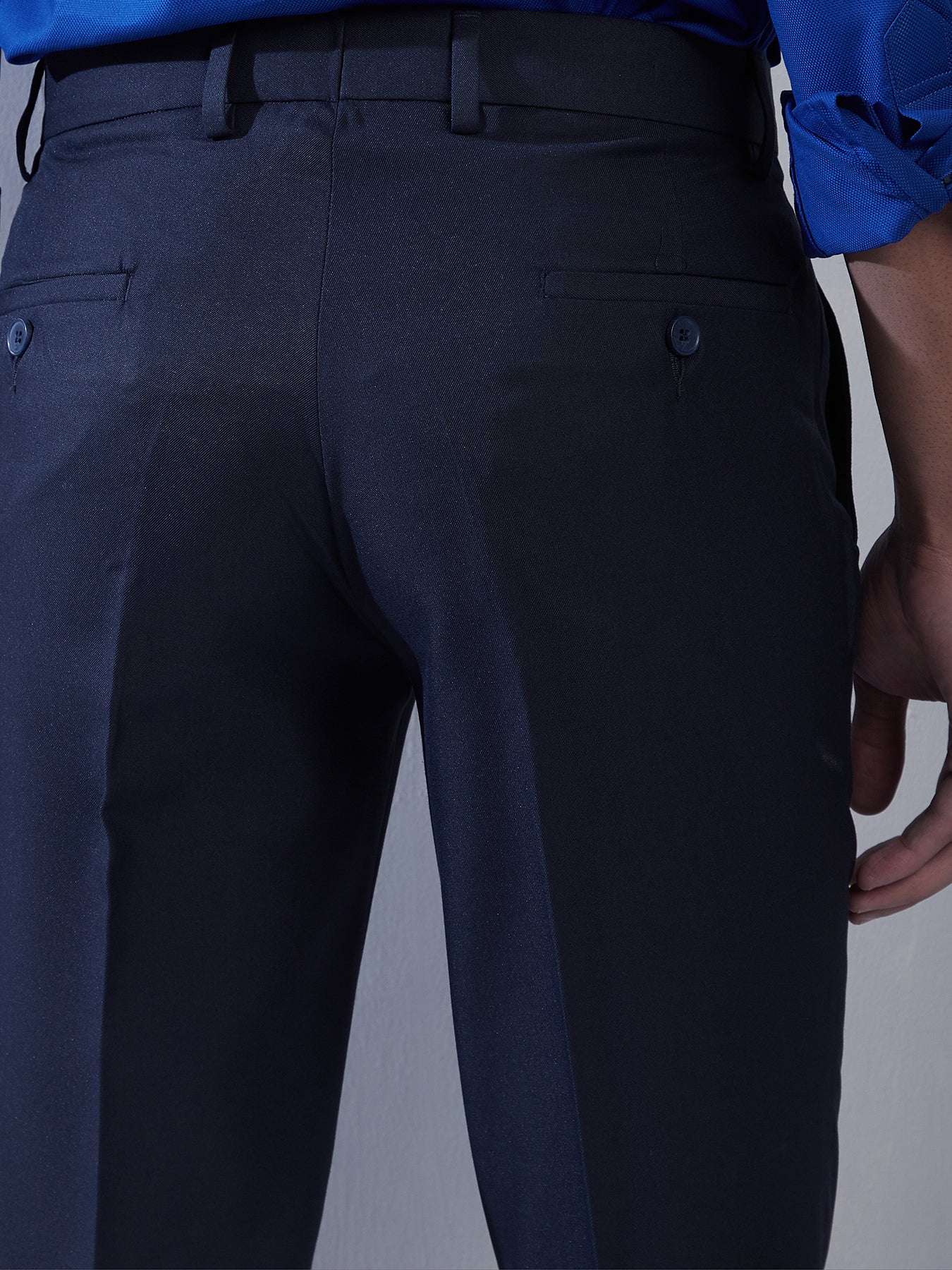 Poly Viscose Navy Blue Plain Ultra Slim Fit Flat Front Formal Trouser