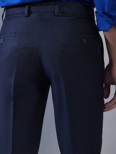 Poly Viscose Navy Blue Plain Ultra Slim Fit Flat Front Formal Trouser