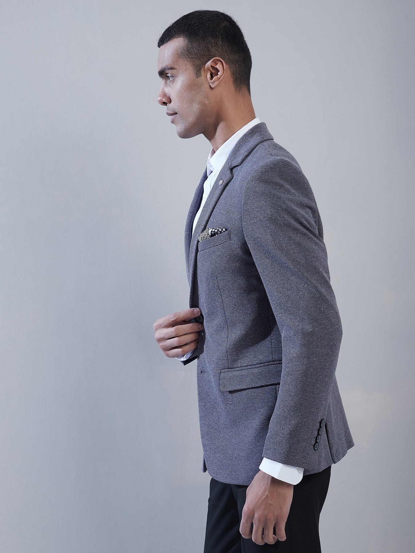 Knitted Dark Grey Dobby Slim Fit Full Sleeve Casual Blazer