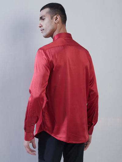Poly Satin Red Plain Slim Fit Full Sleeve Ceremonial Shirt