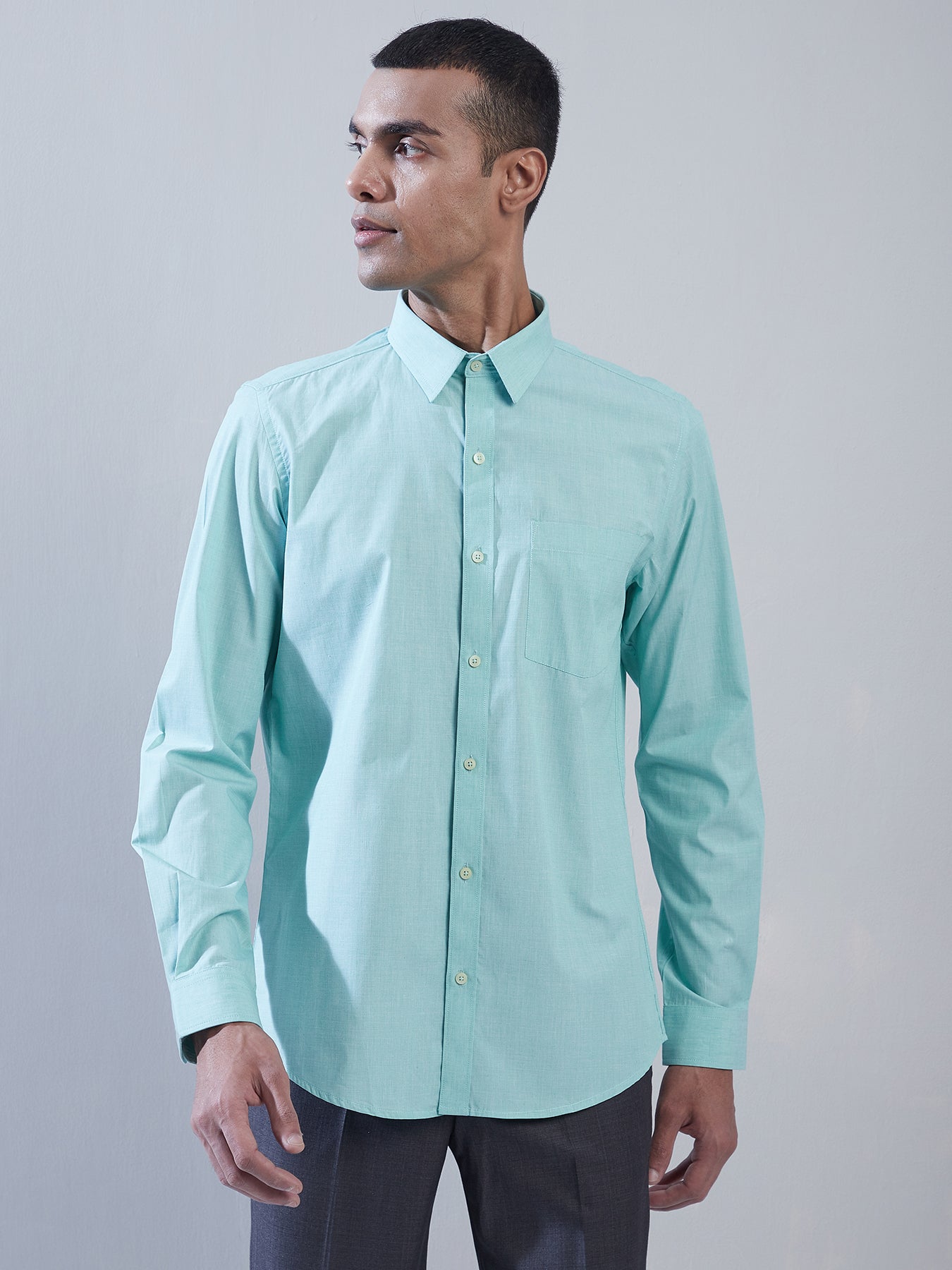 100% Cotton Sea Green Plain Regular Fit Full Sleeve Formal Shirt