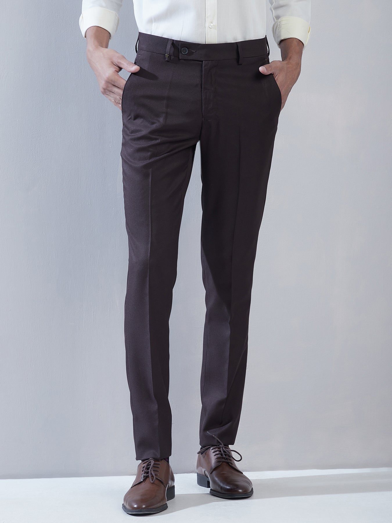 Poly Viscose Charcoal Plain Slim Fit Flat Front Formal Trouser