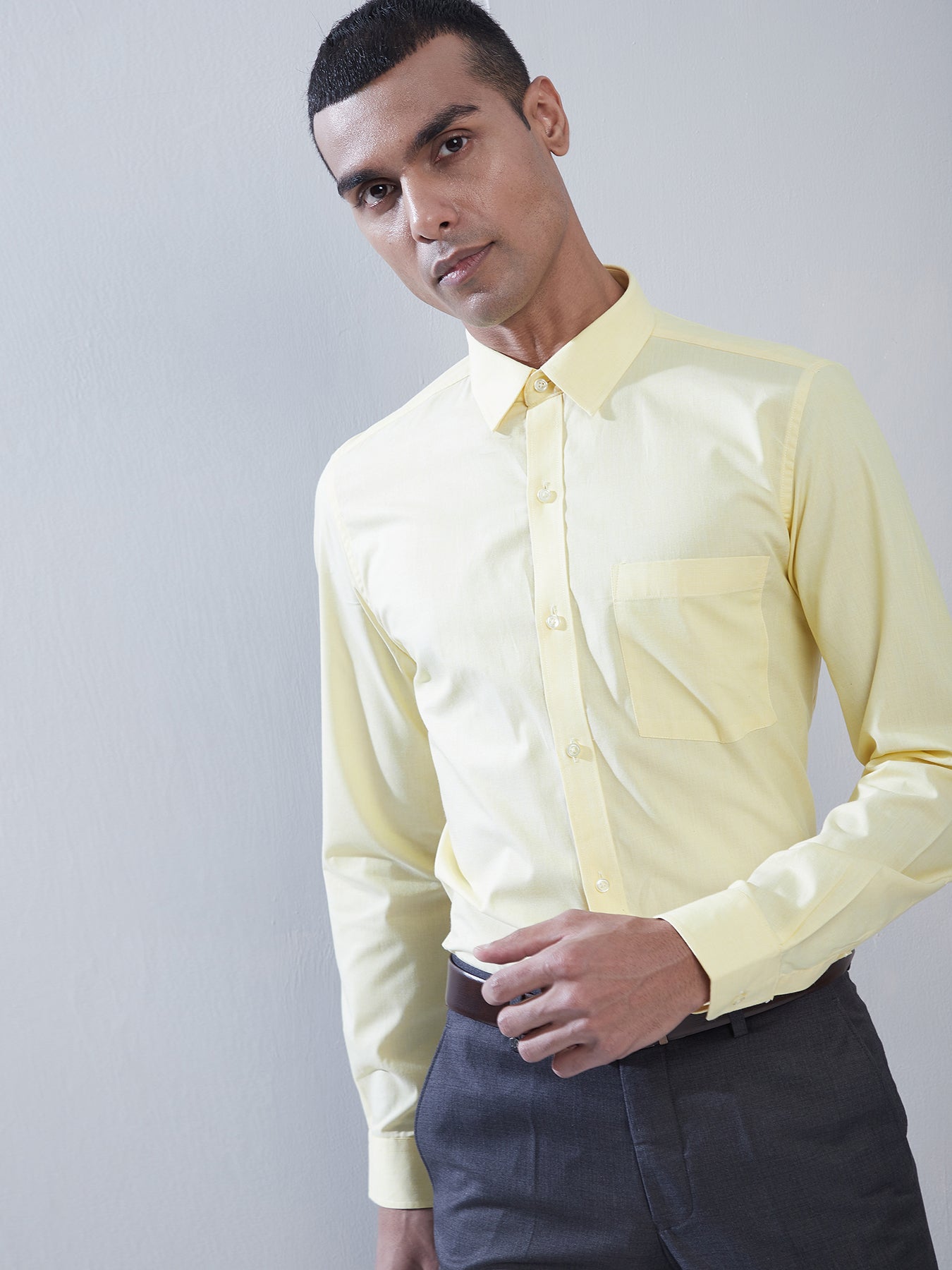 100% Cotton Lime Yellow Plain Regular Fit Full Sleeve Formal Shirt