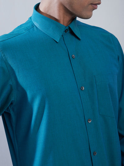 100% Cotton Ocean Blue Plain Regular Fit Full Sleeve Formal Shirt