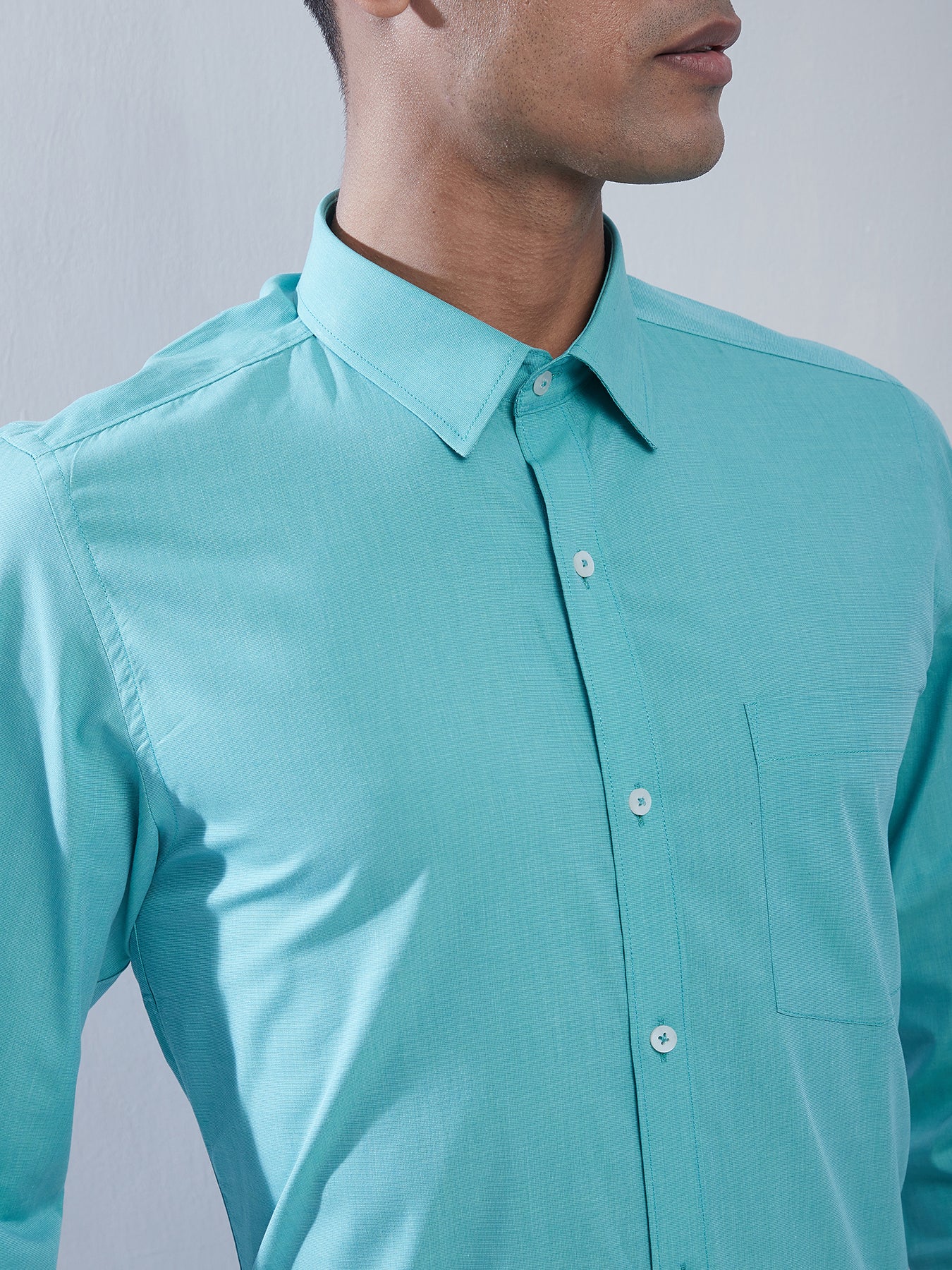 100% Cotton Turquoise Plain Regular Fit Full Sleeve Formal Shirt