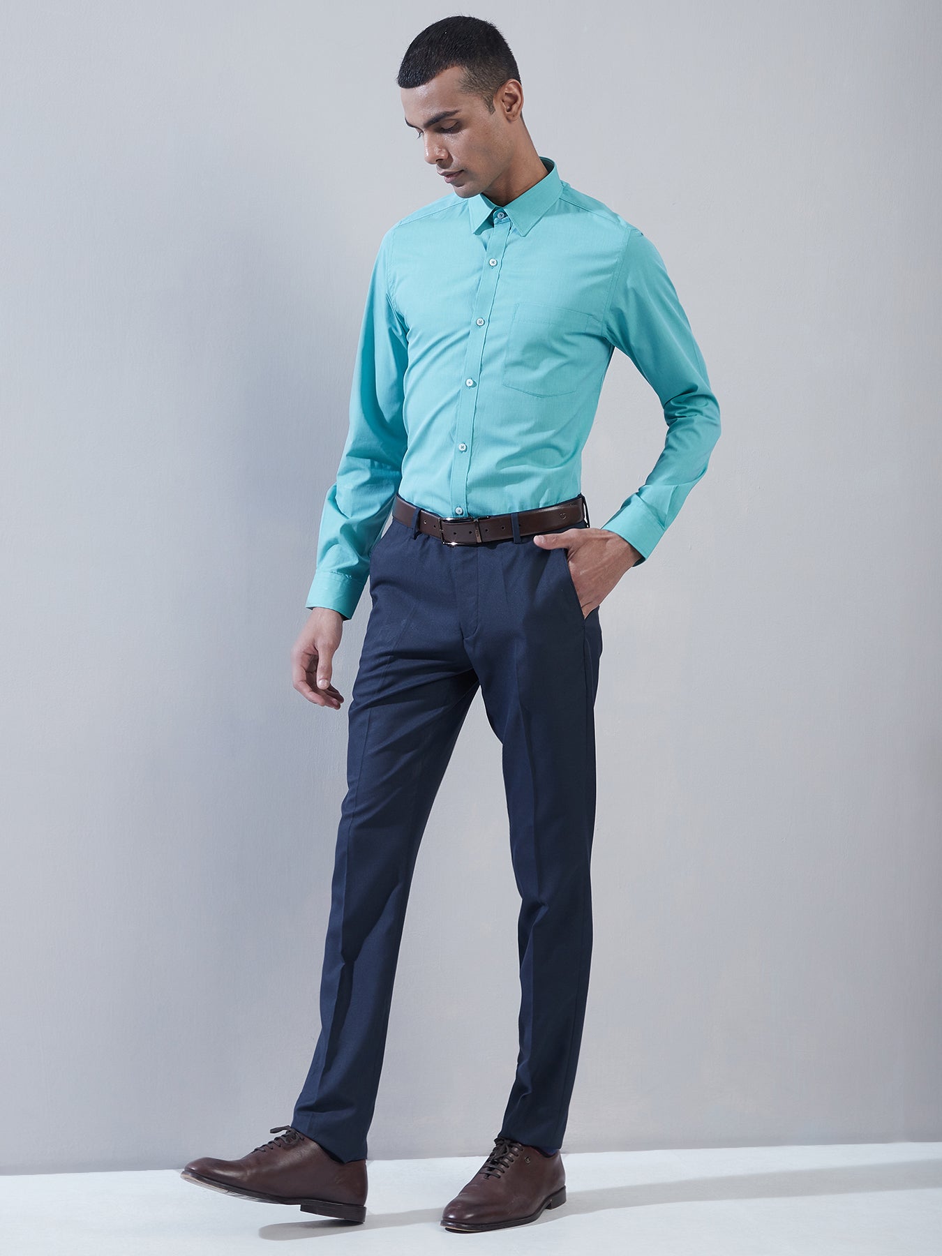 100% Cotton Turquoise Plain Regular Fit Full Sleeve Formal Shirt